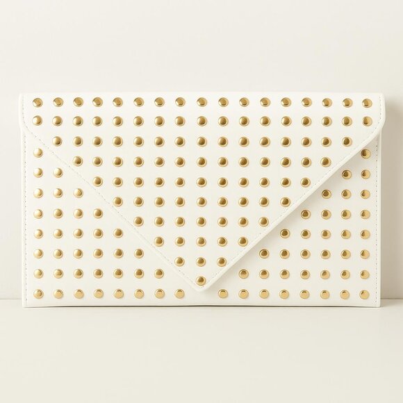 White Envelope Clutch with Gold Stud Accents – Glam Party Purse - Picture 1 of 5